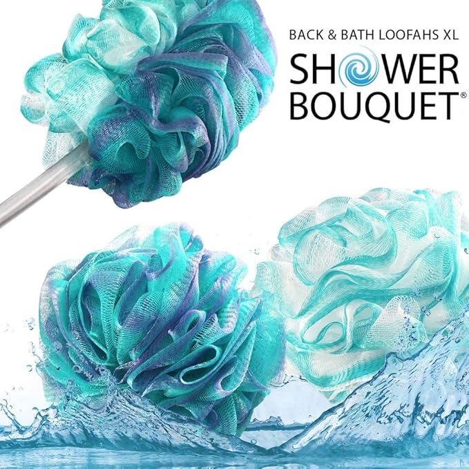 SHOWER BOUQUET 2-Sided-Loofah-Back-Scrubber & Bath-Sponge Set // 1-Long-Handle-Back-Brush Plus 2-Extra-Large 75g Soft Mesh Poufs, Men & Women - Exfoliate with Full Pure Cleanse in Bathing Accessories