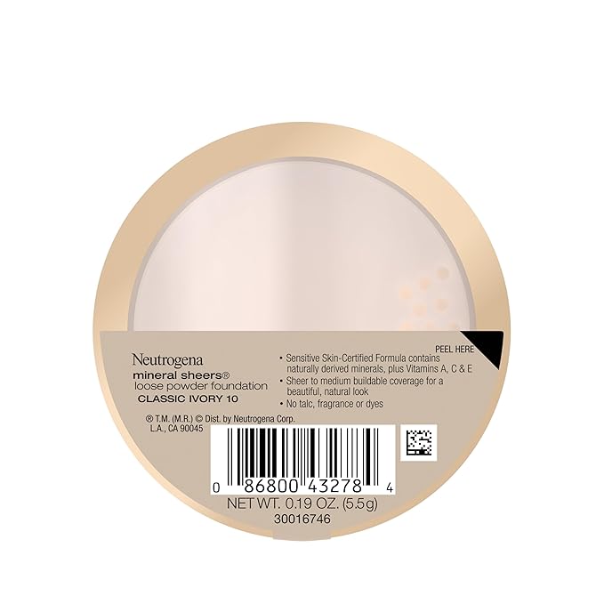 Neutrogena Mineral Sheers Loose Powder Makeup Foundation, Lightweight Face Makeup, Sheer to Medium Buildable Coverage, Sensitive Skin Foundation with Vitamins A, C, & E, Classical Ivory 10, .19 oz