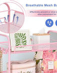 TOOLF 4 Tier Rolling Utility Cart - Durable Metal Design Pink Utility Cart, Storage Trolley on Wheels with 3 Hooks, Perfect for Kitchen, Bathroom & Laundry Room Organization