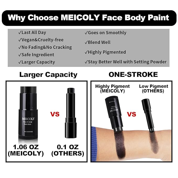 MEICOLY Devil Red Face Body Paint Stick (1.06 Oz),Sweatproof Waterproof Face Piant for Clown Joker Demon Vampire Spiderman Halloween Makeup,Cream Blendable Full Body Paint,Red Eye Black Stick
