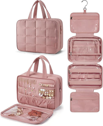 BAGSMART Travel Toiletry Bag with Jewelry Organizer, Hanging Travel Bag for Toiletries, Puffy Makeup Cosmetic Bag Organizer, Carry-on Travel Accessories Essentials, Dark Pink-L