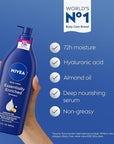 NIVEA Essentially Enriched Body Lotion for Very Dry Skin with Hyaluronic Acid, Almond Oil and Deep Nourishing Serum, 72-Hour Body Moisturizer, 16.9 Fl Oz Pump Bottle