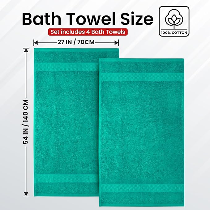 Infinitee Xclusives Luxury 100% Ring-Spun Cotton Bath Towels Set of 4 (27x54 inches) – Soft, Absorbent & Quick-Drying Towels for Bathroom, Gym, Spa & Hotel Use (Vivid Green, Bath Towels)