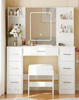 Vanity Desk with Mirror, Stool, Touch LED Light and Power Outlet Makeup Vanity Table with 7 Drawers and 6 Storage Shelves Dressing Table for Bedroom Dressing Room