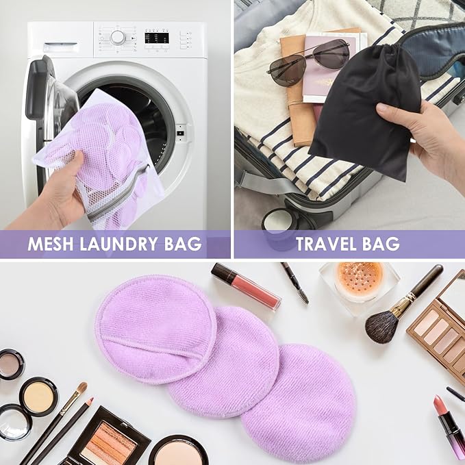 SUNLAND Reusable Makeup Remover Pads for Face,Eye,Lips 16 Pack Microfiber Face Cleansing Gloves Washable with Laundry Bag and Travel Bag Rounds Toner Pads（Round 3.15inchx16 Purple）