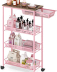 KINGRACK 4-Tier Slim Storage Cart, Metal Rolling Cart, Organizer with Wooden Tabletop and Drawer Basket, Mobile Shelving Unit for Kitchen, Bathroom, Laundry Room, Pink