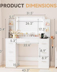 YESHOMY 43.3''Vanity Desk with LED Mirror & Power Outlet, 7 Drawer Makeup Vanity with Side Shelves, Lighted Dressing Table for Bedroom(White