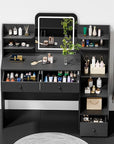 Makeup Vanity Desk with LED Mirror & 5-Tier Sloped Shelves, 7 Open Storage Areas & 3 Drawers, Adjustable 3-Color Lighting Dressing Table