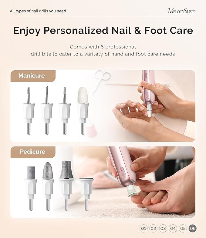MelodySusie Professional Manicure Pedicure Kit,8-in-1 Electric Nail Drill Set with 5 Speeds,Rechargeable Cordless E-File with 360° LED Light,Perfect Hand Foot Care Trimmer Polish Tools - PC760G