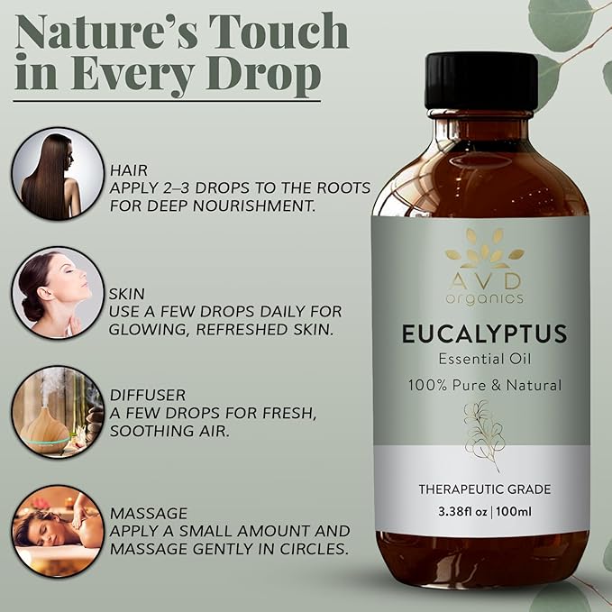 Eucalyptus Essential Oil 100ml | 100% Natural and Pure USDA Organic Eucalyptus Oil | Diffuser Aromatherapy Skin & Hair | 3.38fl oz