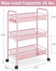 TOOLF 3 Tier Rolling Utility Cart - Durable Metal Design Pink Utility Cart, Storage Trolley on Wheels with 3 Hooks, Perfect for Kitchen, Bathroom & Laundry Room Organization