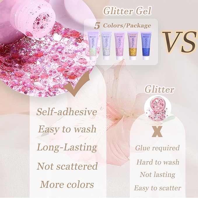 Face Body Glitter, Hair Glitter Sparkles Chunky Face Glitter Gel for Girls Makeup Singer Concerts Mermaid Festival Sequins Face Paint (White+Silver+Pink+Gold+Blue)