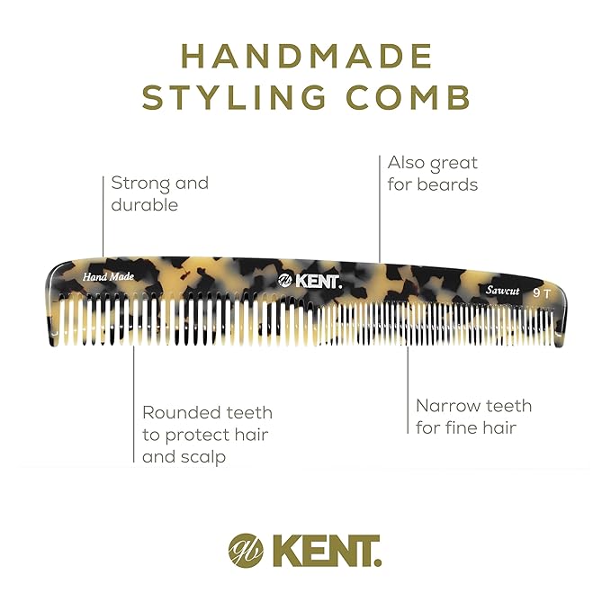 KENT 9T Fine Tooth and Wide Tooth Comb Detangler Hair Combs - Large Handmade and Saw-Cut Dressing Comb - Wet Hair Comb, Made in England (White Tokyo), 2 Pack