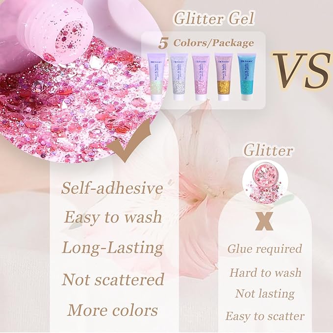 Face Body Glitter, Hair Glitter Sparkles Chunky Face Glitter Gel for Girls Makeup Singer Concerts Mermaid Festival Sequins Face Paint (White+Silver+Pink+Gold+Light Blue)