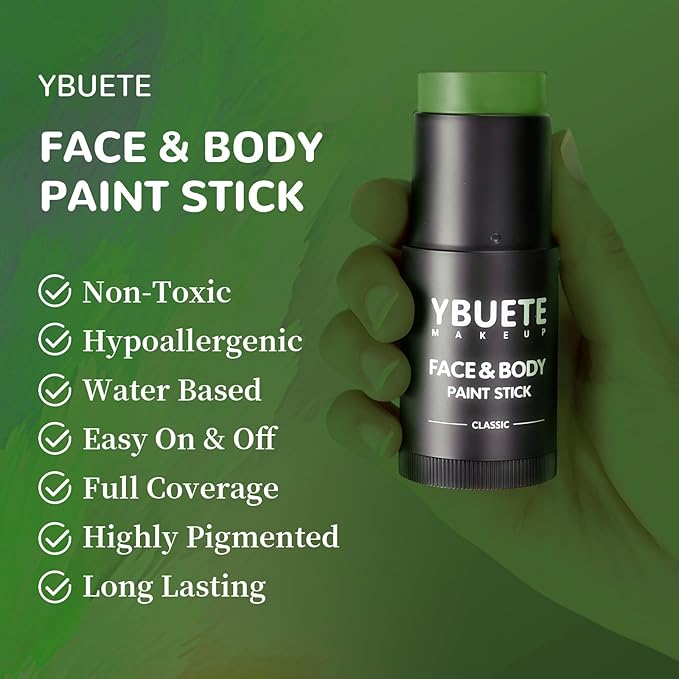 Green Face Body Painting Stick, Professional Full-coverage Cream Green Face Paint for St. Patrick's Day Halloween SFX Witch Monster Cosplay Makeup, Washable Body Paint for Adult Carnival