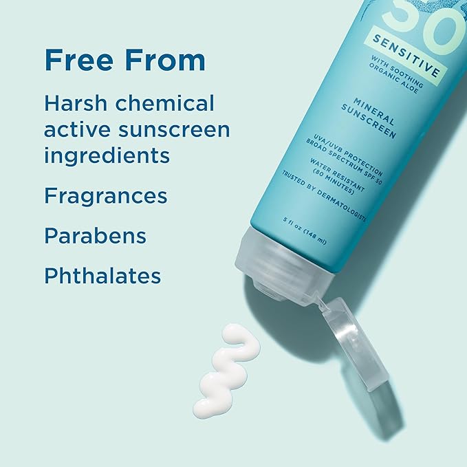 BLUE LIZARD Sensitive Mineral Sunscreen with Zinc Oxide 50+ Water Resistant UVAUVB Protection with Smart Cap Technology Fragrance Free, Sensitve, SPF 50 - - Tube, Unscented, 5 Fl Oz