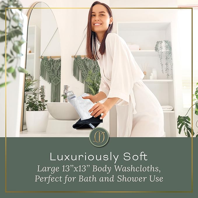 White Extra Large Washcloths Set of 6 Soft Body Cloths 13” x 13” 70% Viscose Derived from Bamboo, 30% Cotton Spa-Like Feel Silky for Skin Cleansing