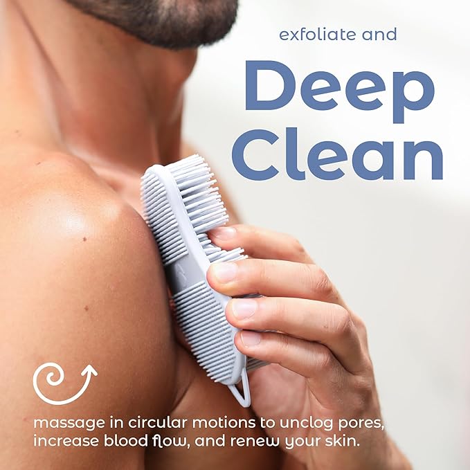 MainBasics Silicone Body Scrubber – Dual-Sided Shower Exfoliator for Men & Women, Gentle Silicone Loofah Alternative for Deep Clean (Frosted Sky, Exfoliate)