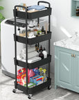 Sywhitta 4-Tier Plastic Rolling Utility Cart with Handle, Multi-Functional Storage Trolley for Office, Living Room, Kitchen, Movable Storage Organizer with Wheels, Black