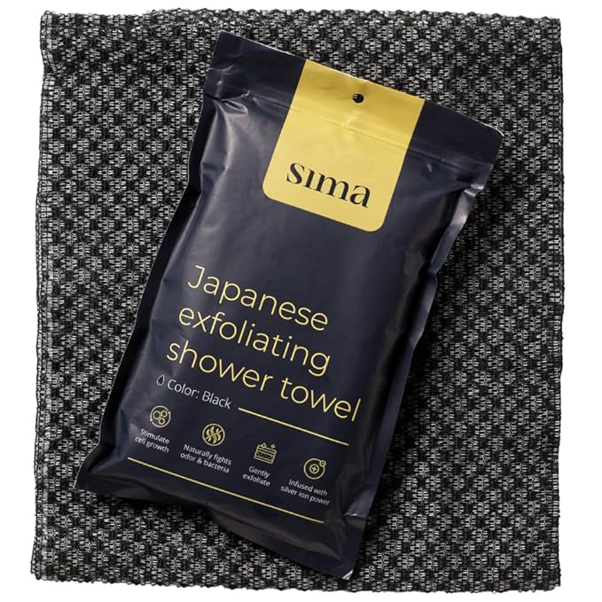 Exfoliating Washcloth Face & Body Scrub Towel - Japanese Exfoliating Towel with Hexagon Fibers, Body Scrubber with 2 Sides for Scrubbing & Washing, Extra Long (Black, 3 Pack)