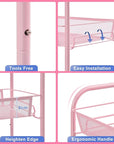 TOOLF 4 Tier Rolling Utility Cart - Durable Metal Design Pink Utility Cart, Storage Trolley on Wheels with 3 Hooks, Perfect for Kitchen, Bathroom & Laundry Room Organization