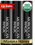 Moroccan Magic Organic Manuka Honey Lip Balm 3 Pack | Ultra-Hydrating Argan & Essential Oil Lip Moisturizer + Vitamin E | Natural Chapstick for Dry Lips | Smooth, Non-Toxic | Organic Lip Balm