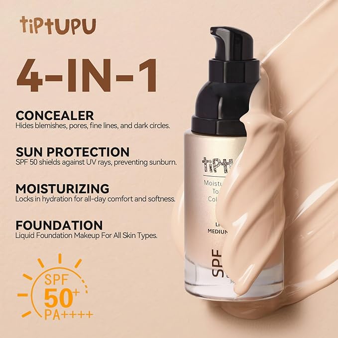 SPF 50 Liquid Foundation,Long Lasting,Moisturizing,Matte & Non-Comedogenic Foundation Makeup for All Skin,Medium-Full Coverage (Light, 1.05 FL.OZ (Pack of 1))