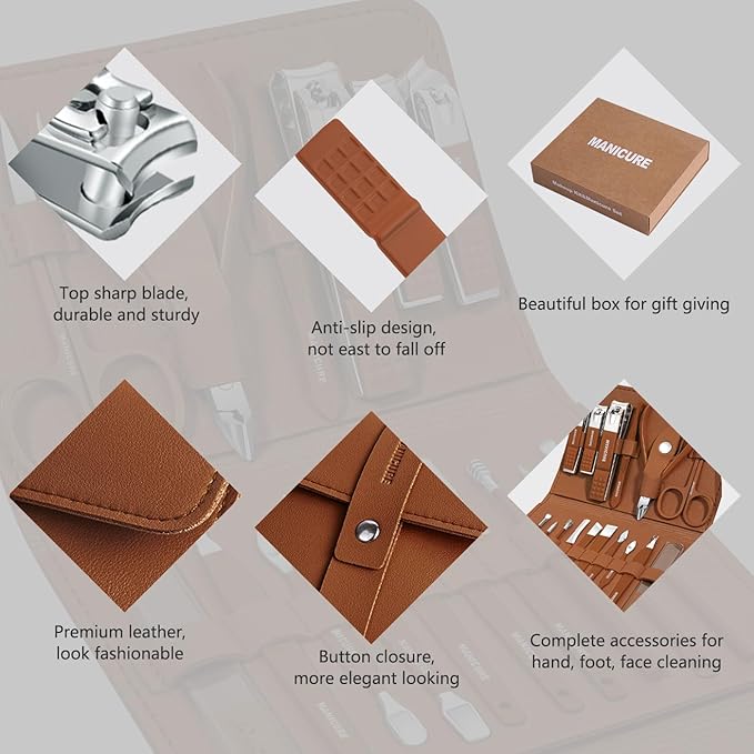 Manicure Set Professional Nail Clippers Pedicure Kit, 16 pcs Stainless Steel Nail Care Tools Grooming Kit with Luxurious Travel Leather Case for Thick Nails Men Women Gift (Brown)