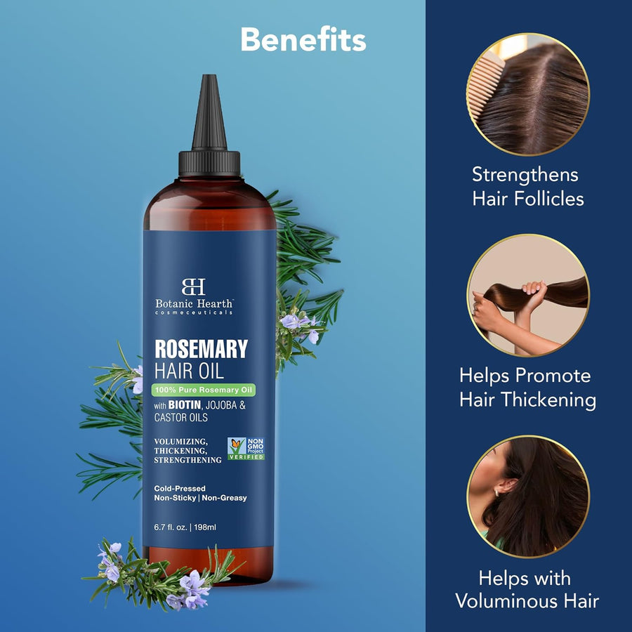 Botanic Hearth 100% Pure Rosemary Oil For Hair Growth (6.7 fl oz) Infused With Biotin, Jojoba & castor Oil | Nourishing & Volumizing | Non GMO Verified
