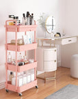 Calmootey 4-Tier Rolling Utility Cart with Drawer,Multifunctional Storage Organizer with Plastic Shelf & Metal Wheel,Storage Cart for Kitchen,Bathroom,Living Room,Office,Pink