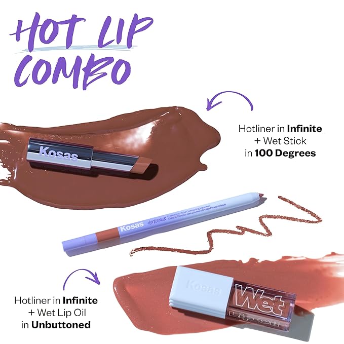 Kosas Hotliner Retractable Lip Liner Pencil with Built-In Brush & Sharpener - Easy Contouring, Hydrating, Long-Lasting- Pigmented Creamy Texture for Plumping Lips - Hyaluronic Acid & Konjac - Infinite