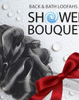 SHOWER BOUQUET Loofah-Charcoal Back-Scrubber & Bath-Sponge Set // 1 Long-Handle-Back-Brush Plus 2 Extra Large 75g Soft Mesh Loofa-Lufa-Loufa Puff Poufs, Men & Women - Exfoliate with Full Pure Cleanse