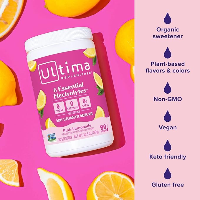 Ultima Replenisher Daily Electrolyte Drink Mix – Pink Lemonade, 90 Serving – Hydration Powder with 6 Key Electrolytes & Trace Minerals – Keto Friendly, Vegan, Non-GMO & Sugar-Free Electrolyte Powder