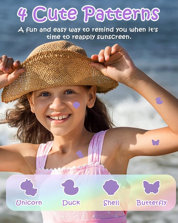 UV Stickers for Sunscreen - 40 Count UV Detection Stickers, Know When to re-Apply Sunscreen, Safe for Kids Age 3+, 4 Pattern Types for Girls & Boys