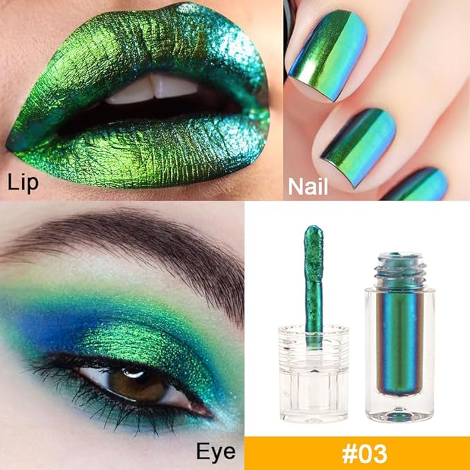 AMY'S DIARY Green Teal Duochrome MultiChrome Chameleon Liquid Metallic Eyeshadow, High-Impact Multi-Dimensional Finish,Green Silky Smooth and High Pigment Holographic Glitter Eyeshadow Makeup (#03)