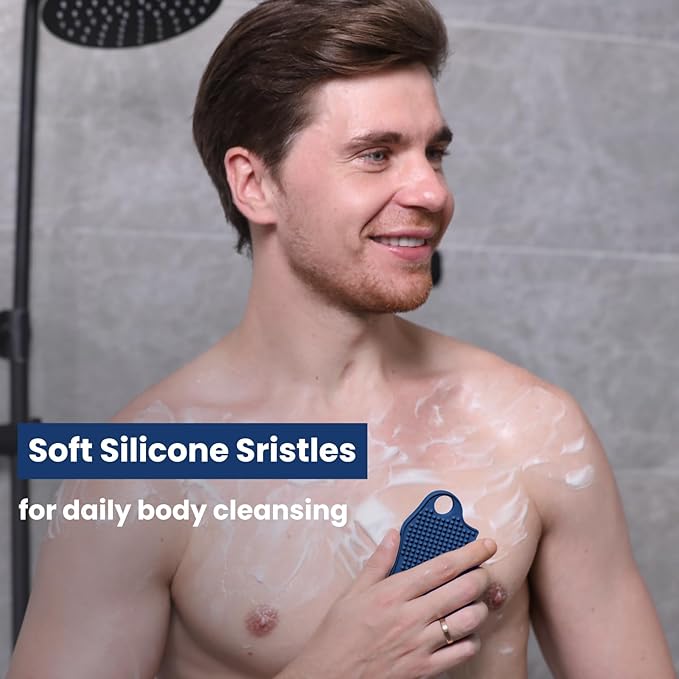 Silicone Body Scrubber Silver-Infused Dual-Sided 3-in-1 for Shower, Body Cleaning+Massage+Exfoliator Body Brush Buffer for Men and Women, Silicone Loofah, Non-Slip Handle (Blue)
