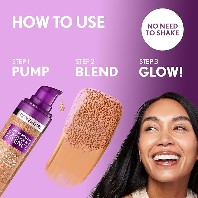 Covergirl Simply Ageless Skin Perfector Essence Foundation, 65 Tan-Rich, Tinted Skincare Makeup Hybrid, Sheer Tint, Radiant Finish, Glowy Finish, Vegan Formula, 1.0oz