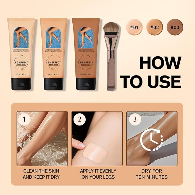 Legs Makeup Waterproof with Brush - Medium Body Concealer, Tattoo & Scar Cover Up, Long Lasting, Transfer Proof, Easy Application for Flawless Looking Legs, All Skin Tones (#1)