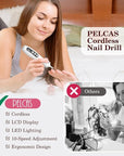 PELCAS Cordless Nail Drill, 10 Speeds Professional Electric Nail File with LED Light Portable Electric Toenail Files with LCD Screen for Thick Nails, Acrylic Nails, Polishing, Nail Art