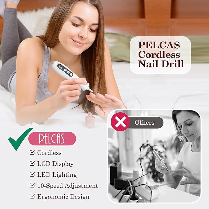 PELCAS Cordless Nail Drill, 10 Speeds Professional Electric Nail File with LED Light Portable Electric Toenail Files with LCD Screen for Thick Nails, Acrylic Nails, Polishing, Nail Art
