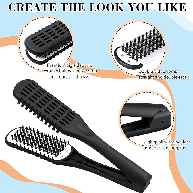 Chengu 2 Pcs Boar Bristles Clamp Double Sided Straightening Comb and Flat Iron Brush for Hair Styling and Straightening Knotty Unkempt Hair (Black, Rose Red)