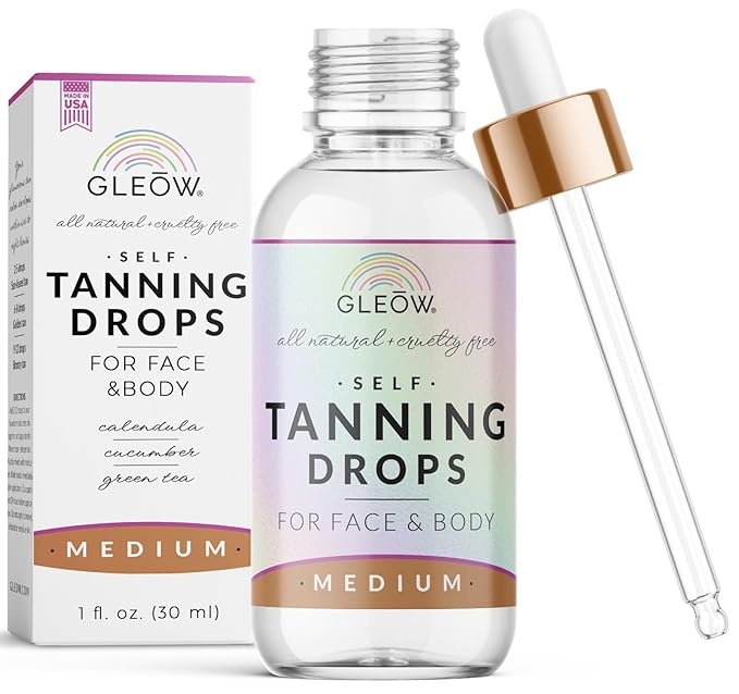 GLEOW Face Tanning Drops to Add to Moisturizer, Bronzing Drops for Face and Body with Chamomile and Green Tea, Medium Self Tanner, Custom and Streak-Free Tan 1oz