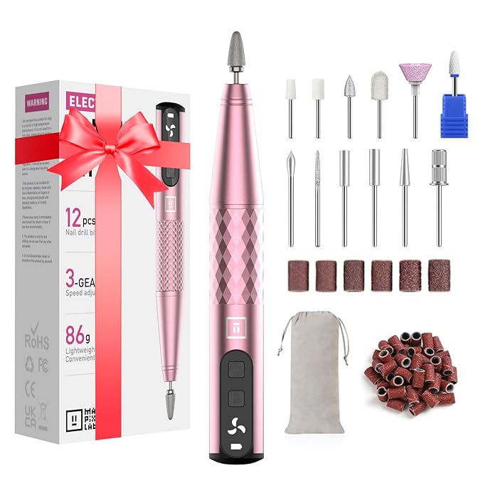 Mfish Professional Nail Drill Kit, Electric Nail File for Acrylic/Gel Nails,12 Bits, Adjustable Speeds, Portable Cordless Electric Nail Tools for Home & Salon Use