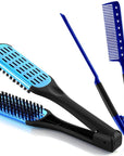 CHENGU 2 Pcs Straightening Comb For Hair, Boar Bristles Clamp Double Sided Brush Hair Straightening Brushes Comb Flat Iron Styling for Knotty Unkempt(Blue, Black)