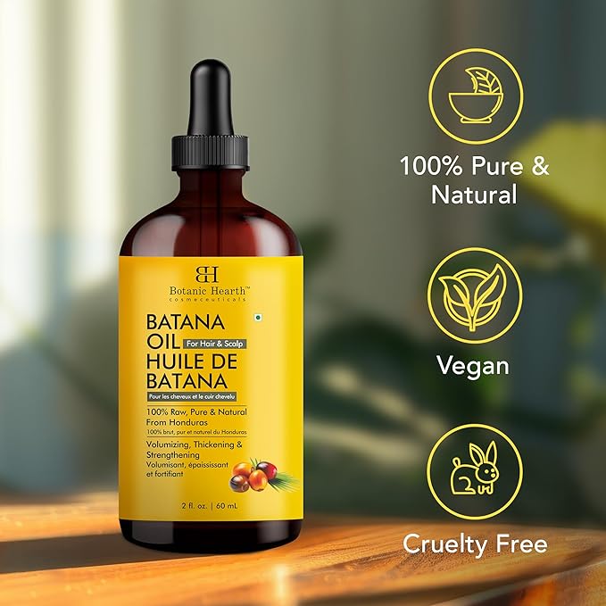 Botanic Hearth 100% Pure Batana Oil For Hair Growth | Infused with Batana Kemel Oil | Hair Oil Repairs Dry Damaged Hair, Strengthening, Healthier - Hair Tonic, 2.0 fl oz