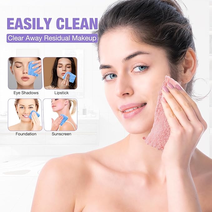 Makeup Remover Cloths 28 Pack - Super Soft Premium Coral Velvet Facial Cleansing Towels 7x7 Inch, Highly Absorbent Microfiber Reusable Washcloths for Face, Eye, Lips