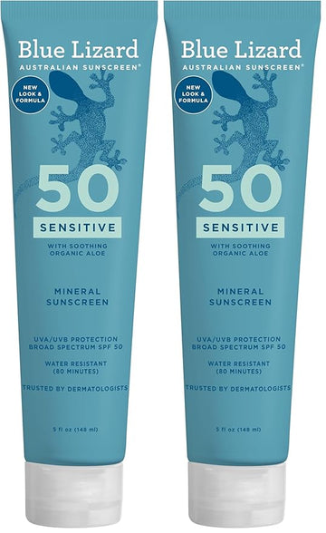 BLUE LIZARD Mineral Sunscreen, SPF 50+, Tube, Zinc Oxide | Water Resistant | Fragrance Free | For Sensitive Skin | 5 Fl Oz Pack of 2