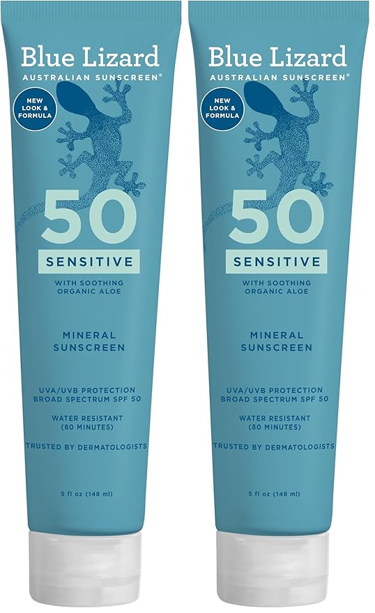 BLUE LIZARD Mineral Sunscreen, SPF 50+, Tube, Zinc Oxide | Water Resistant | Fragrance Free | For Sensitive Skin | 5 Fl Oz Pack of 2