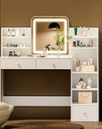 White Makeup Vanity Desk with LED Mirror & 5-Tier Sloped Shelves, 7 Open Storage Areas & 3 Drawers, Adjustable 3-Color Lighting Dressing Table