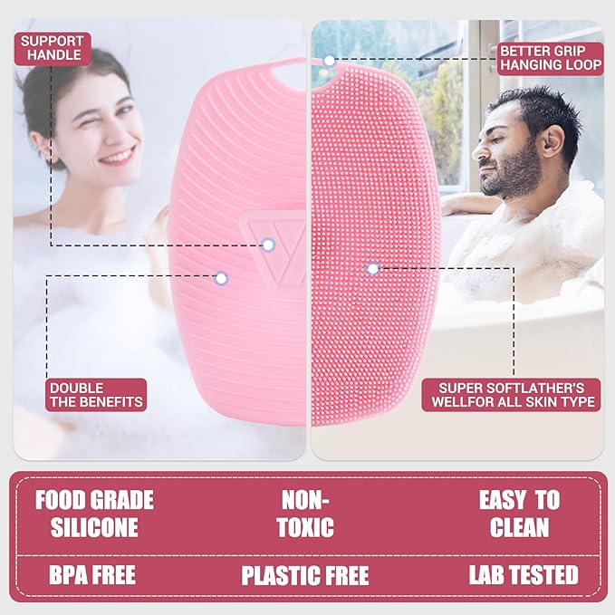 Zinc Infused Silicone Body Scrubber for Shower,Food-Grade Handheld Cleansing Skin Brush, Gentle Exfoliating and Lather Well - Pink